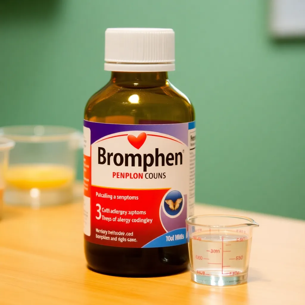 Bromphen medicine bottle used for treating cold and allergy symptoms, placed on a table with a measuring cup.