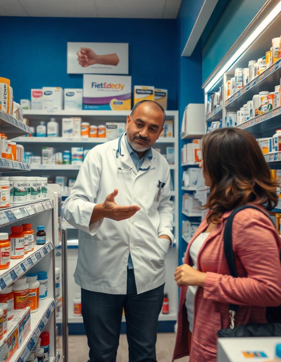 A pharmacist, a South Asian man in his 40s, standing behind the counter of a well-stocked pharmacy, explaining the benefits of different cold medicines to a customer, a Hispanic woman in her mid-30s.