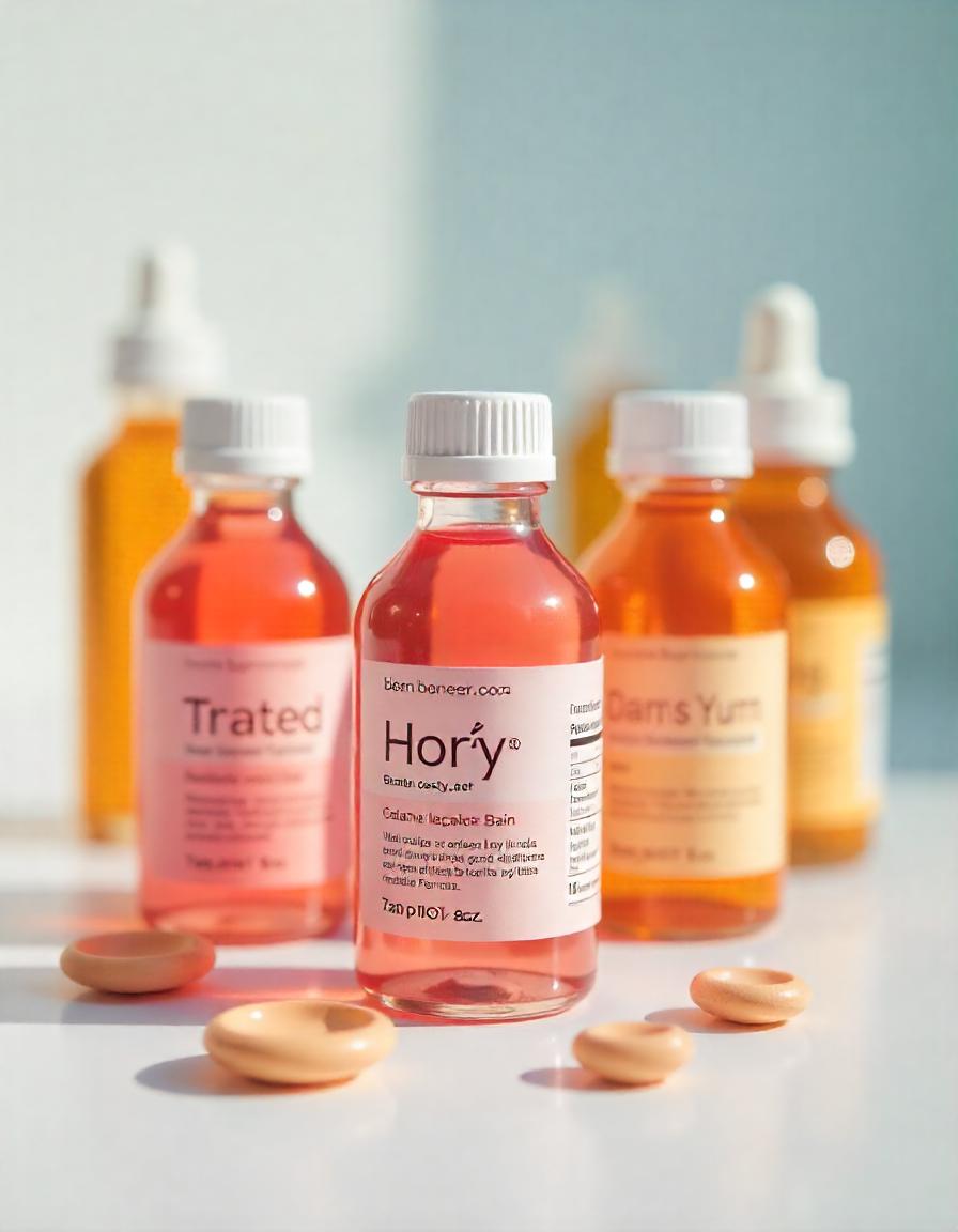 A close-up studio shot of various cough syrup bottles arranged on a clean white surface, emphasizing labels and liquid textures, with soft, diffused lighting to highlight details.