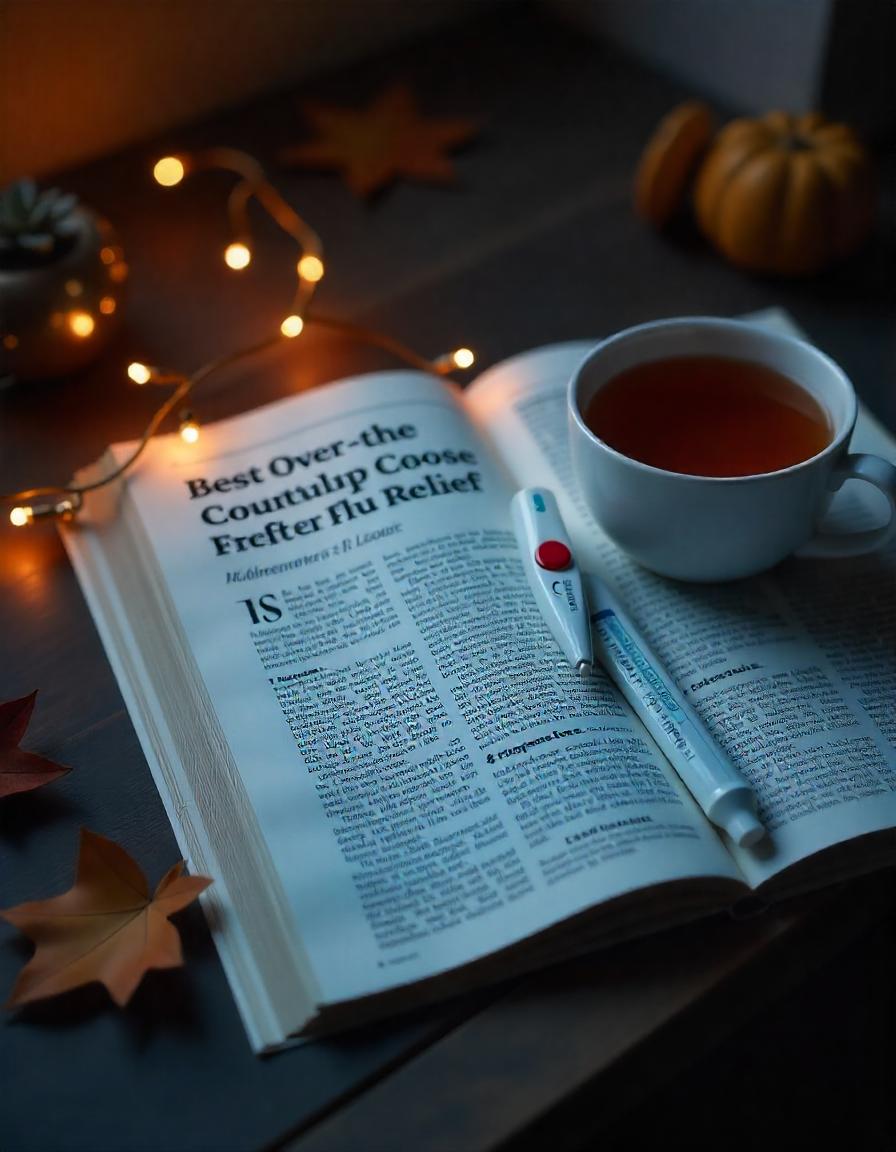 A detailed Article titled 'Best Over-the-Counter Medicines for Flu Relief' in a health magazine, open on a table with a cup of tea and a thermometer, warm lighting, cozy setting, autumn.