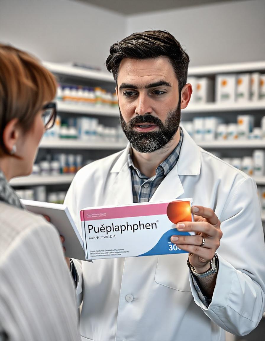 A pharmacist holding a box of Pseudoeph Bromphen DM 30 2 10, explaining its uses, benefits, side effects, and precautions to a patient in a well-lit pharmacy.