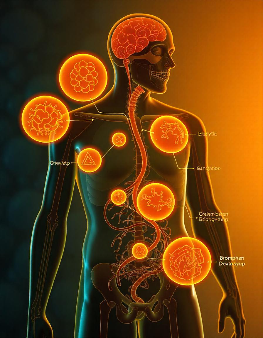 A digital illustration depicting the mechanism of action of Bromphen Pseudo Dextro Syrup in the human body, showing the relevant biological pathways and affected areas, educational medical illustration