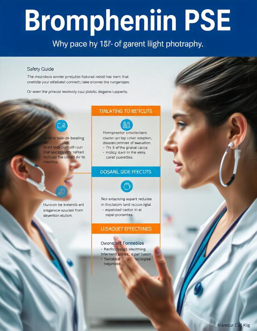 An infographic-style poster about Bromphenir PSE, highlighting its uses, benefits, dosage, side effects, and safety guide, set against a medical office background with soft, diffused lighting.