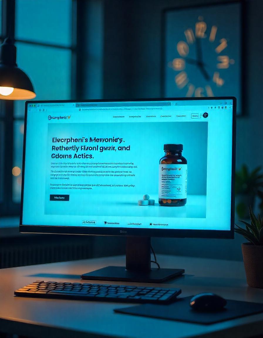 A detailed informational guide on Bromphenir, presented on a clean, modern website interface, focusing on its uses, benefits, dosage instructions, and safety precautions, displayed on a high-resolution monitor in a brightly lit office setting.