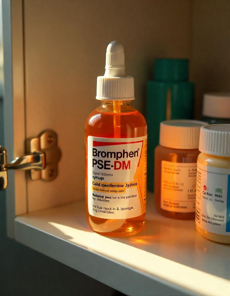 IC Bromphen PSE DM cough and cold syrup bottle with dosage instructions in a medicine cabinet, surrounded by bandages, cotton swabs, and other first-aid supplies, natural light from a nearby window.