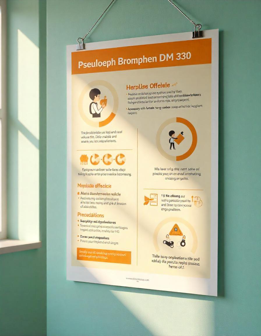 An infographic poster explaining the uses, benefits, side effects, and precautions of Pseudoeph Bromphen DM 30 2 10, hanging on the wall of a brightly lit health clinic.