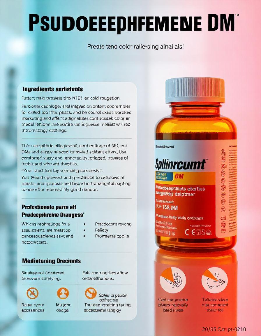 A detailed infographic explaining the ingredients and effects of Pseudoephedrine Bromphen DM cold and allergy relief medication, set against a clean, modern medical background with clear labeling and visual aids.